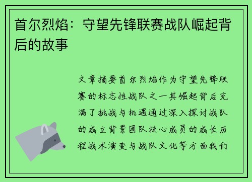 首尔烈焰：守望先锋联赛战队崛起背后的故事